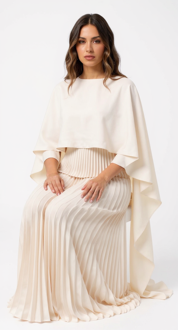 Genevieve Long Cape Sleeve Pleated Maxi Wedding Guest Dress
