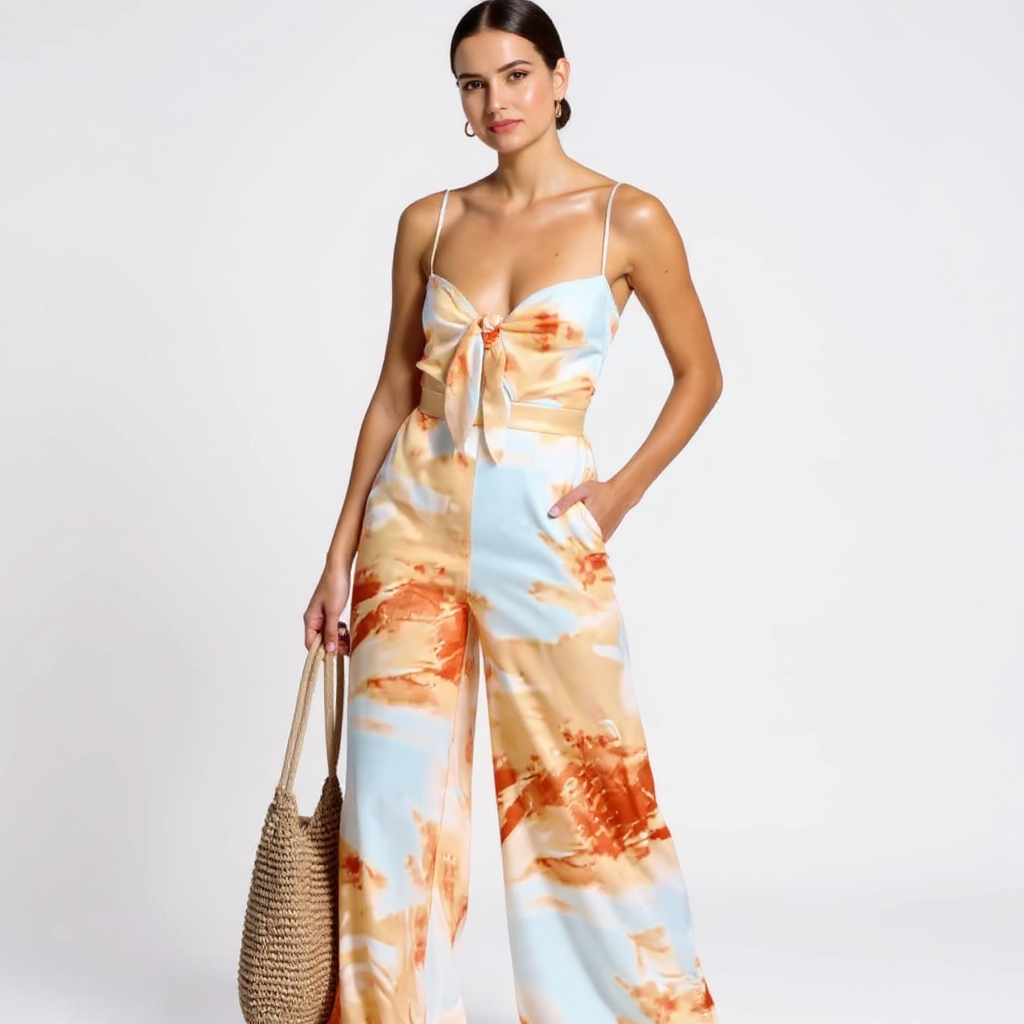 Maya Women Spaghetti Strap Front Tie Wide Leg Jumpsuit Maxi Dress