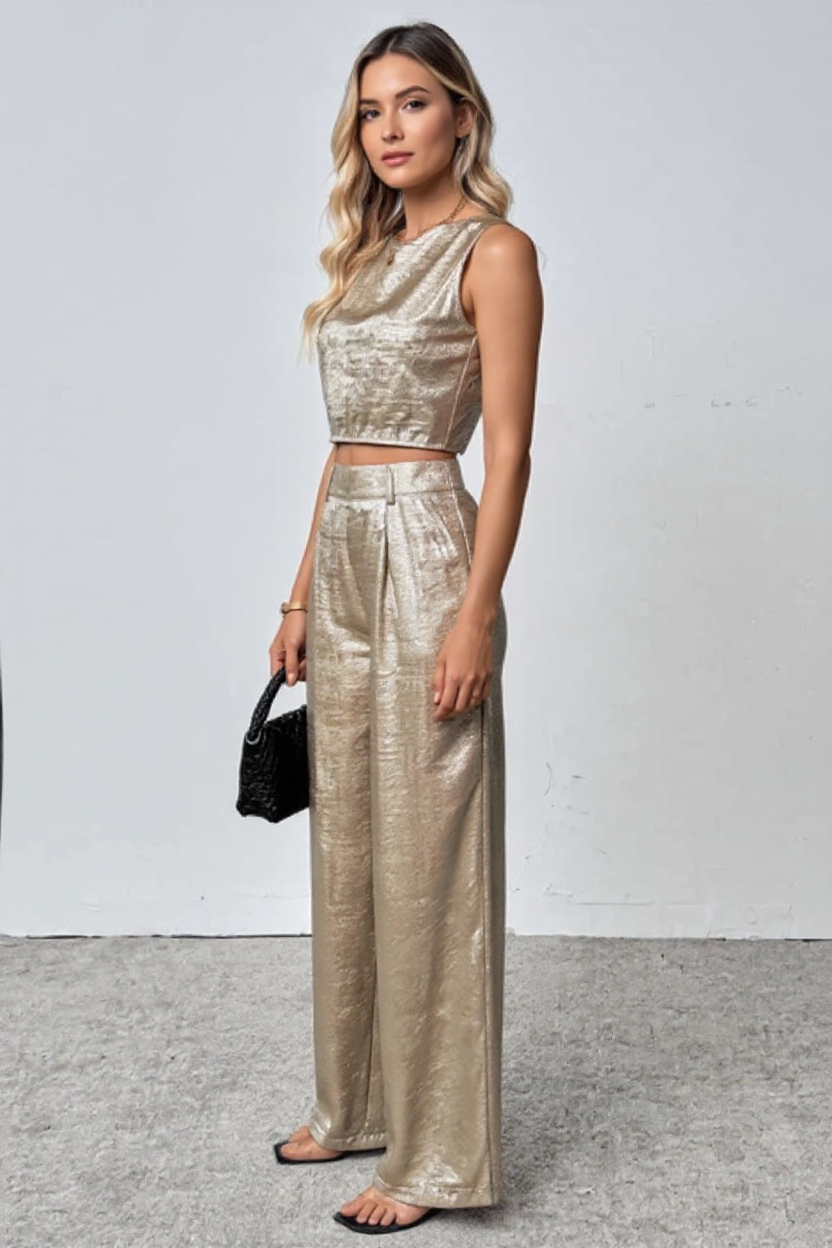 Elegant Metallic Gold Two-Piece Set with Sleeveless Top and Wide-Leg Trousers