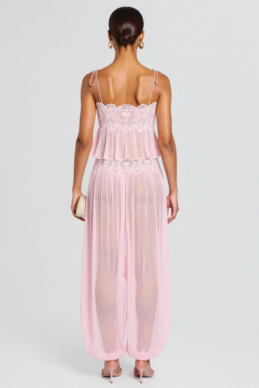 Elegant Pink Lace-Trimmed Two-Piece Set with Flowy Pants and Strappy Top