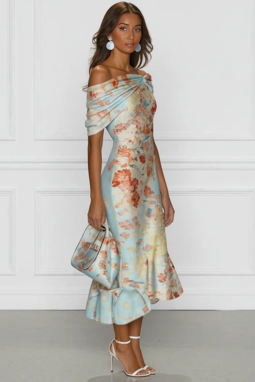 Floral Off-Shoulder Midi Dress in Pastel Shades