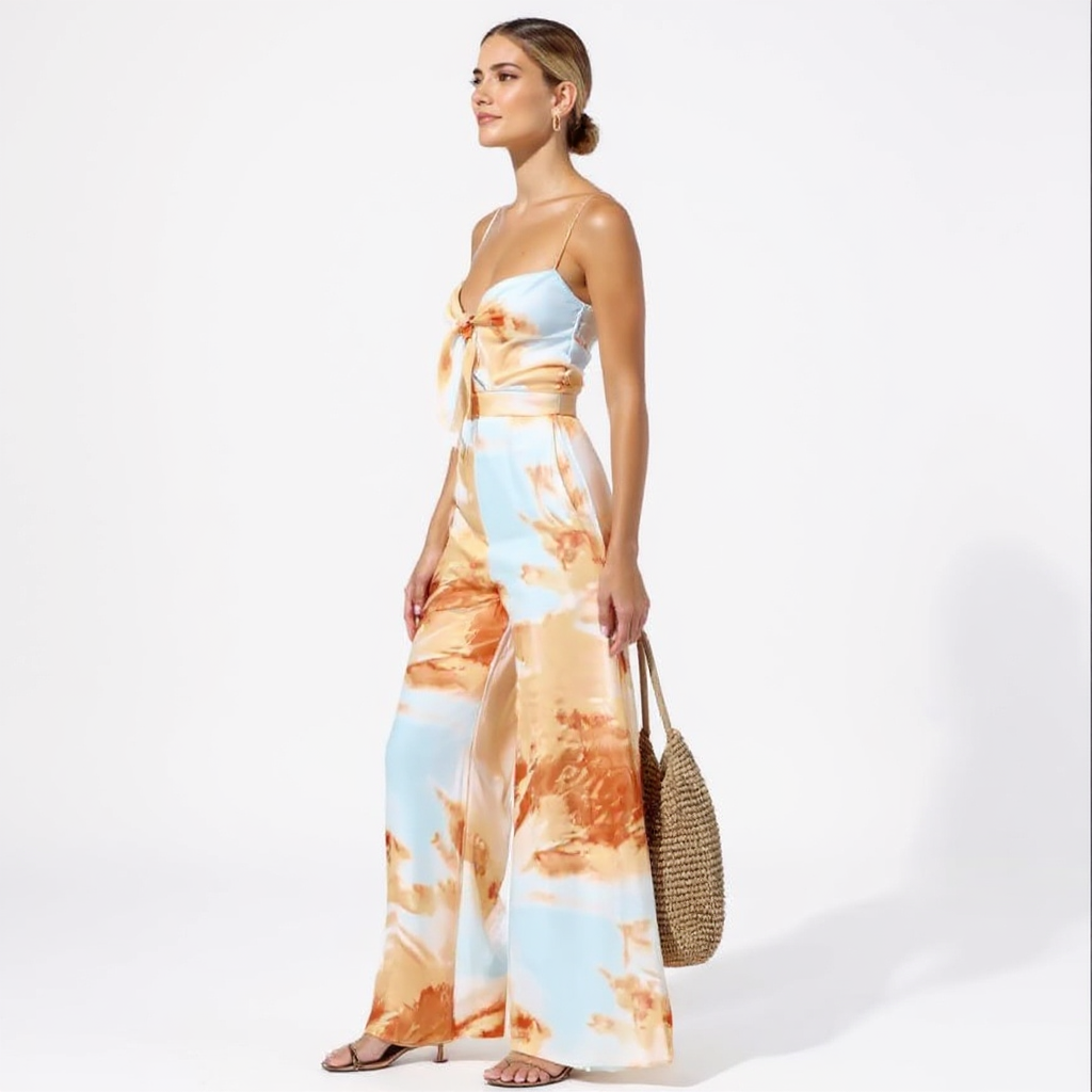 Maya Women Spaghetti Strap Front Tie Wide Leg Jumpsuit Maxi Dress
