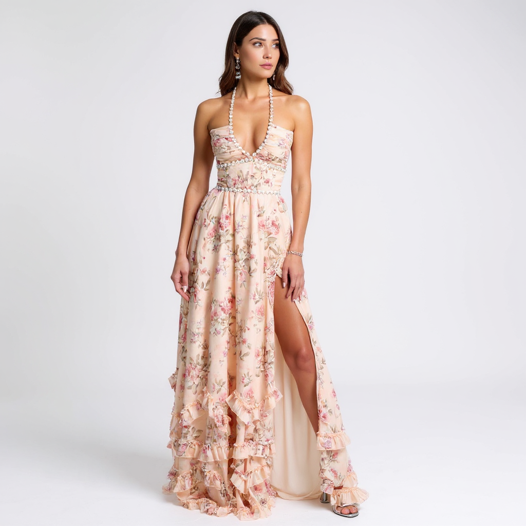 Vivienne Sheer Lace Trim Satin Backless Maxi Dress