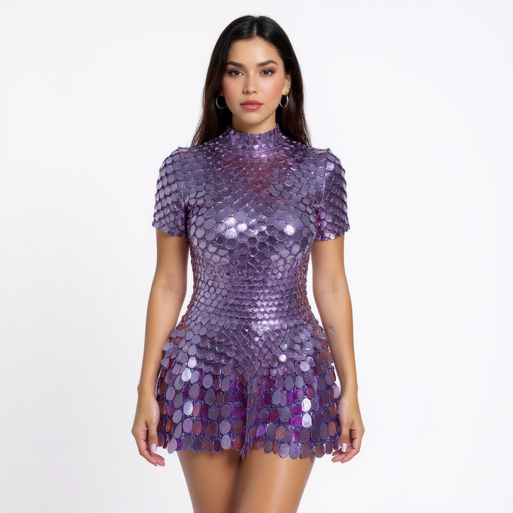 High Neck Crystal Mirror Sequin Mini Party Dress
