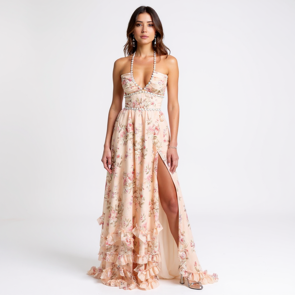 Vivienne Sheer Lace Trim Satin Backless Maxi Dress