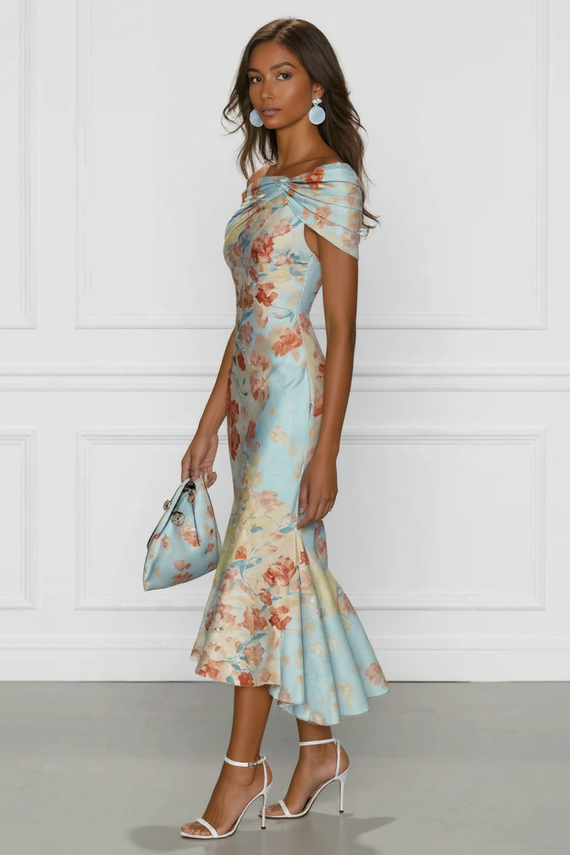 Floral Off-Shoulder Midi Dress in Pastel Shades