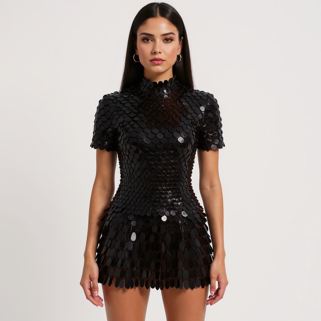 High Neck Metallic Mirror Sequin Mini Party Dress