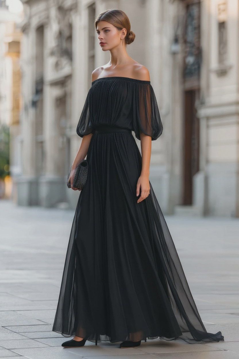 Elegant Off-Shoulder Black Pleated Dress