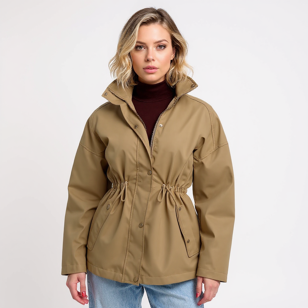 Wendy Women Drawstring Waist Stand Collar Utility Jacket