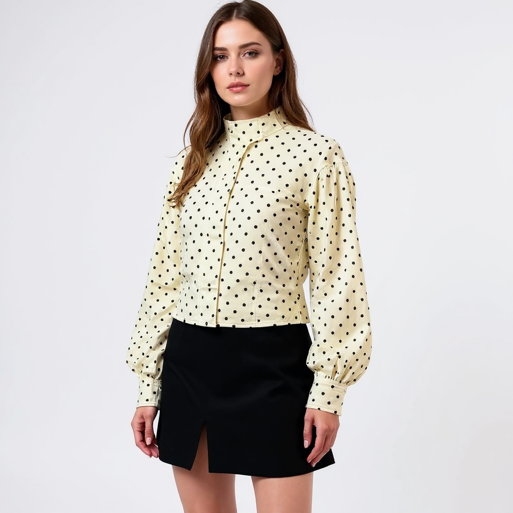 Elena Women High Neck Puff Sleeve Polka Dot Jacket