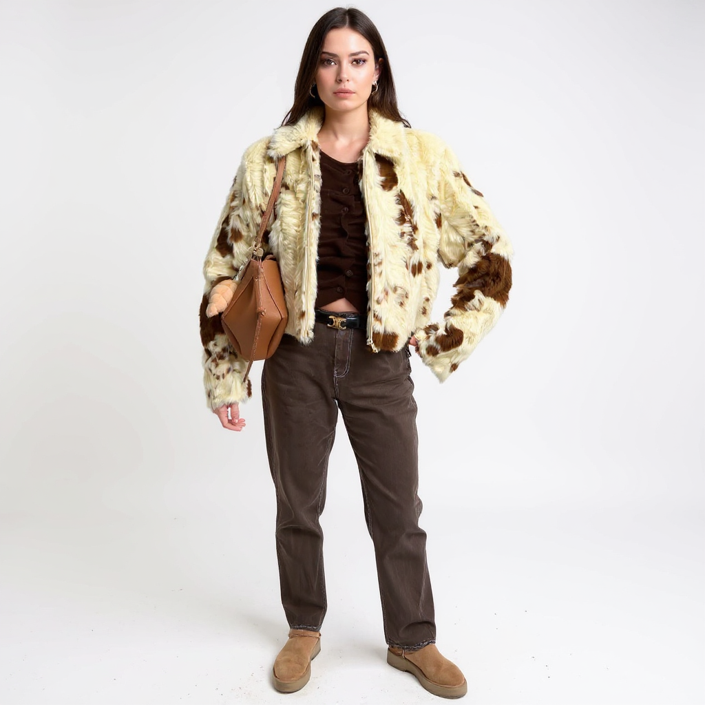 Teresa Women Faux Fur Cow Print Plush Soft Jacket