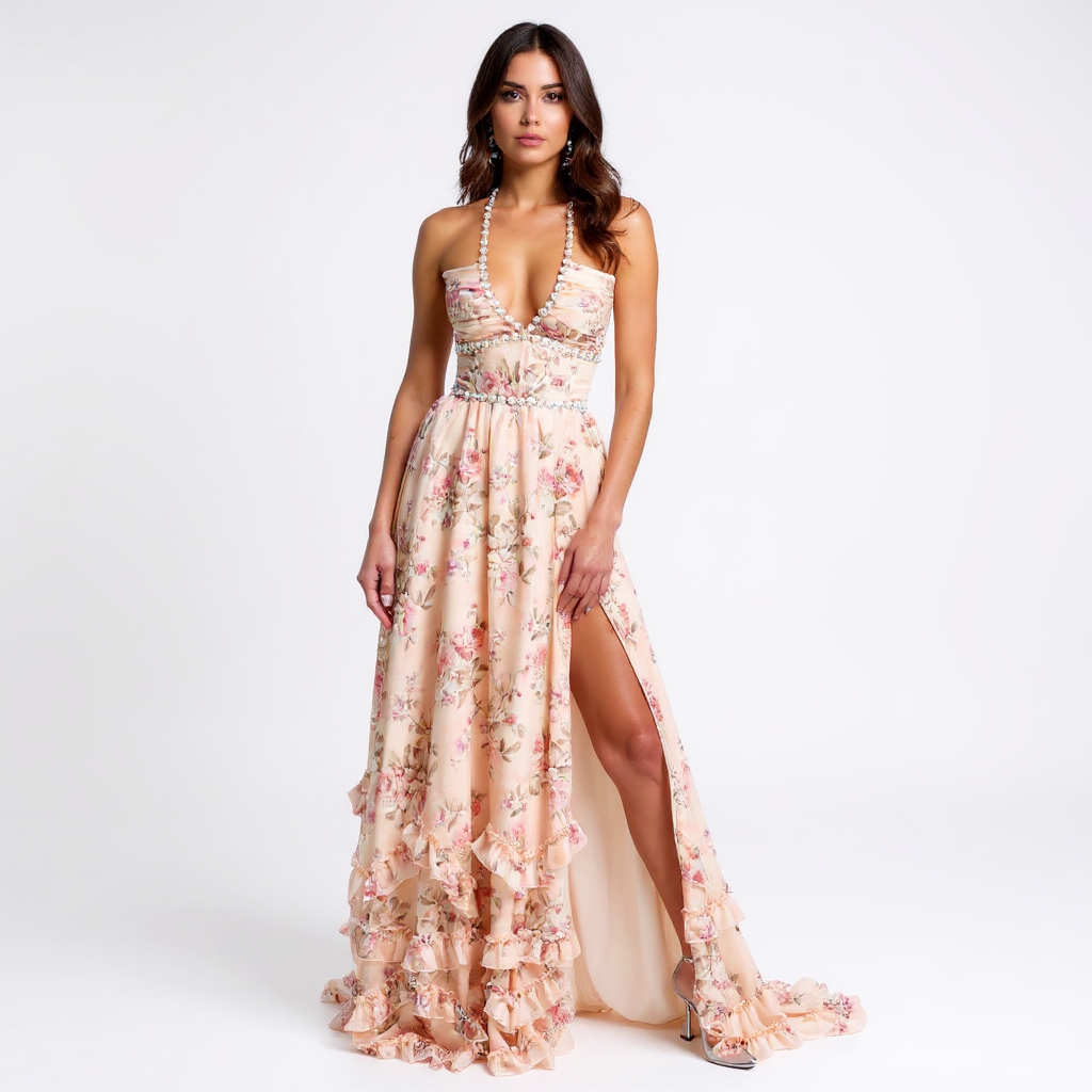 Vivienne Sheer Lace Trim Satin Backless Maxi Dress