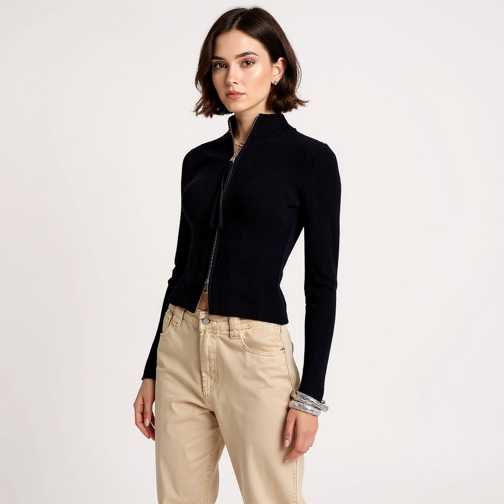 Ada Women Mock Neck Full Zip Cropped Ribbed Cardigan