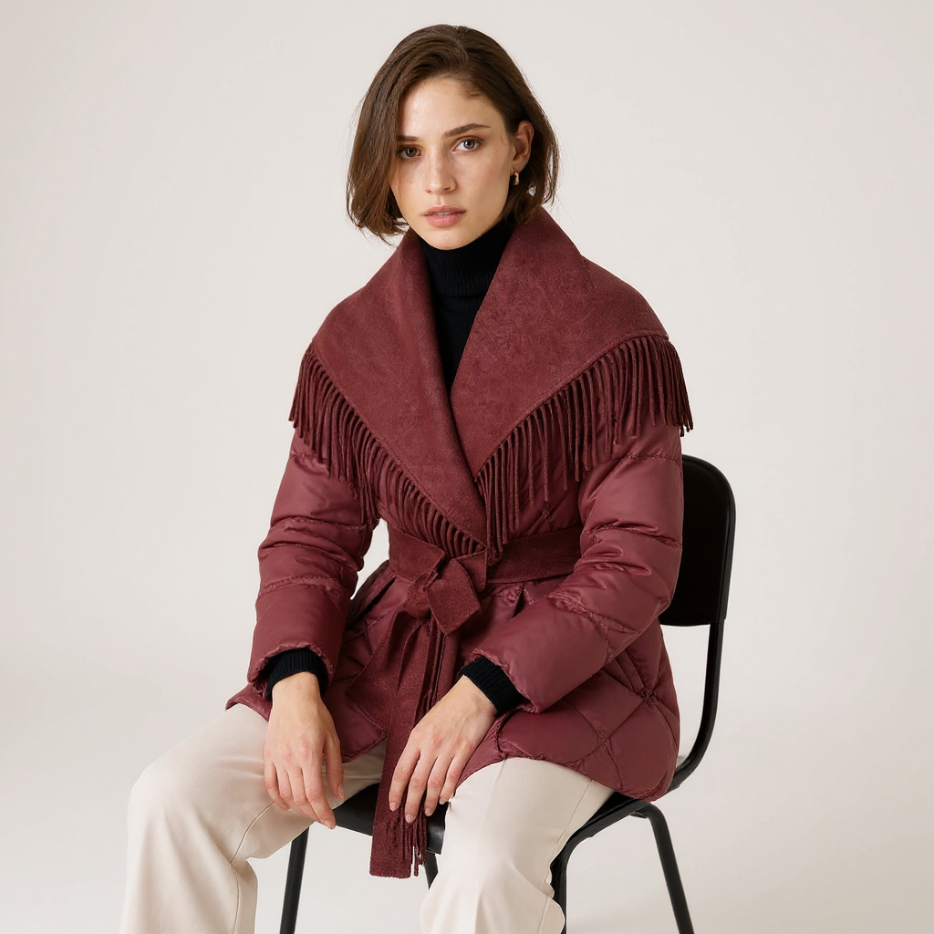 Nora Women Fringe Wool Lapel Belted Down Coat Jacket