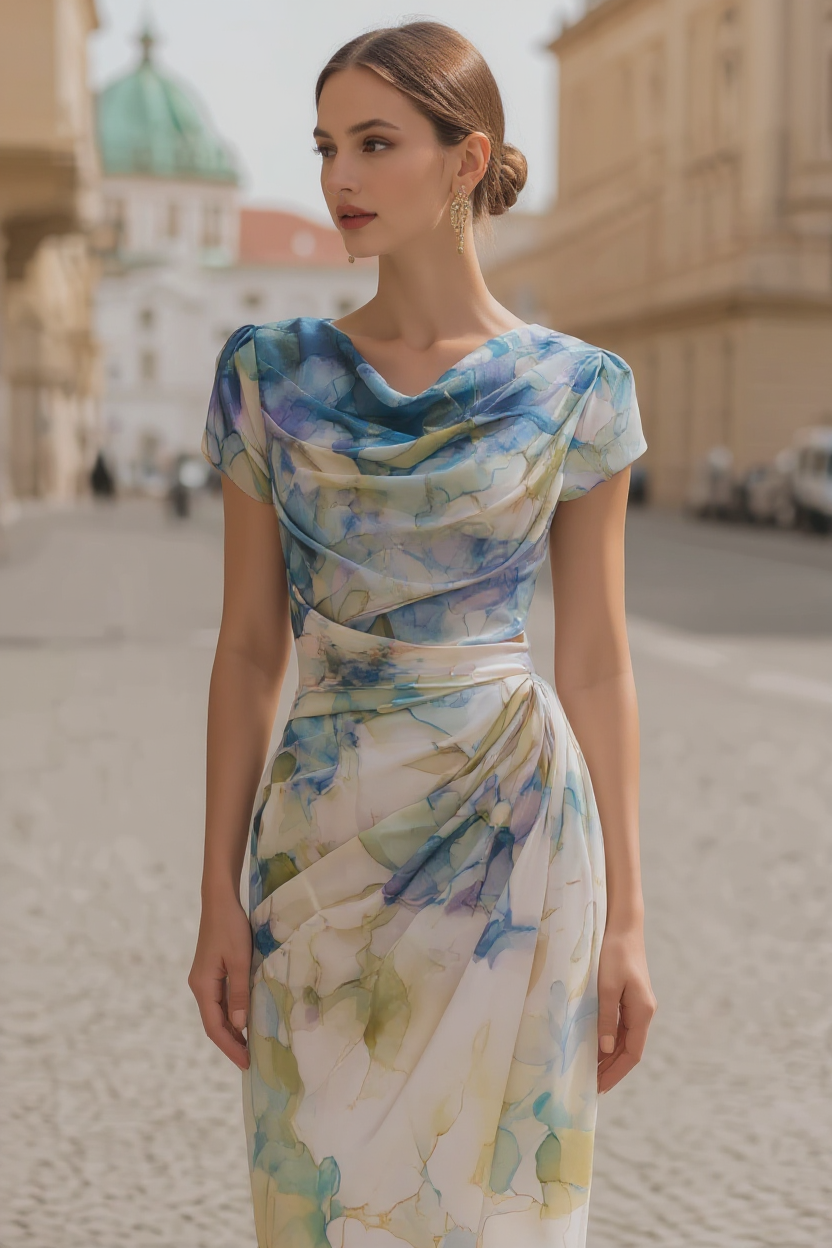 Watercolor Print Cowl Neck Midi Dress