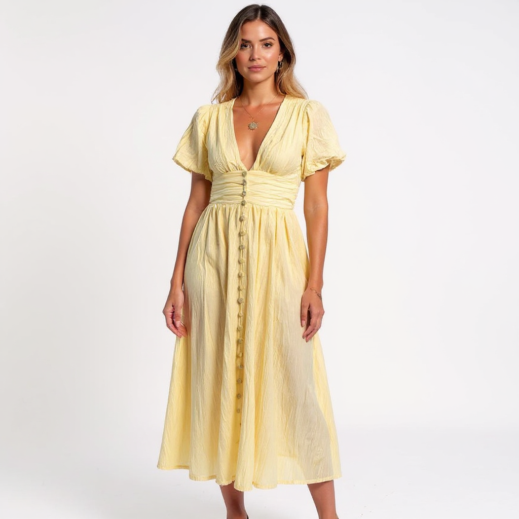 Paola Women V-Neck Puff Sleeve Button Front Maxi Sundress