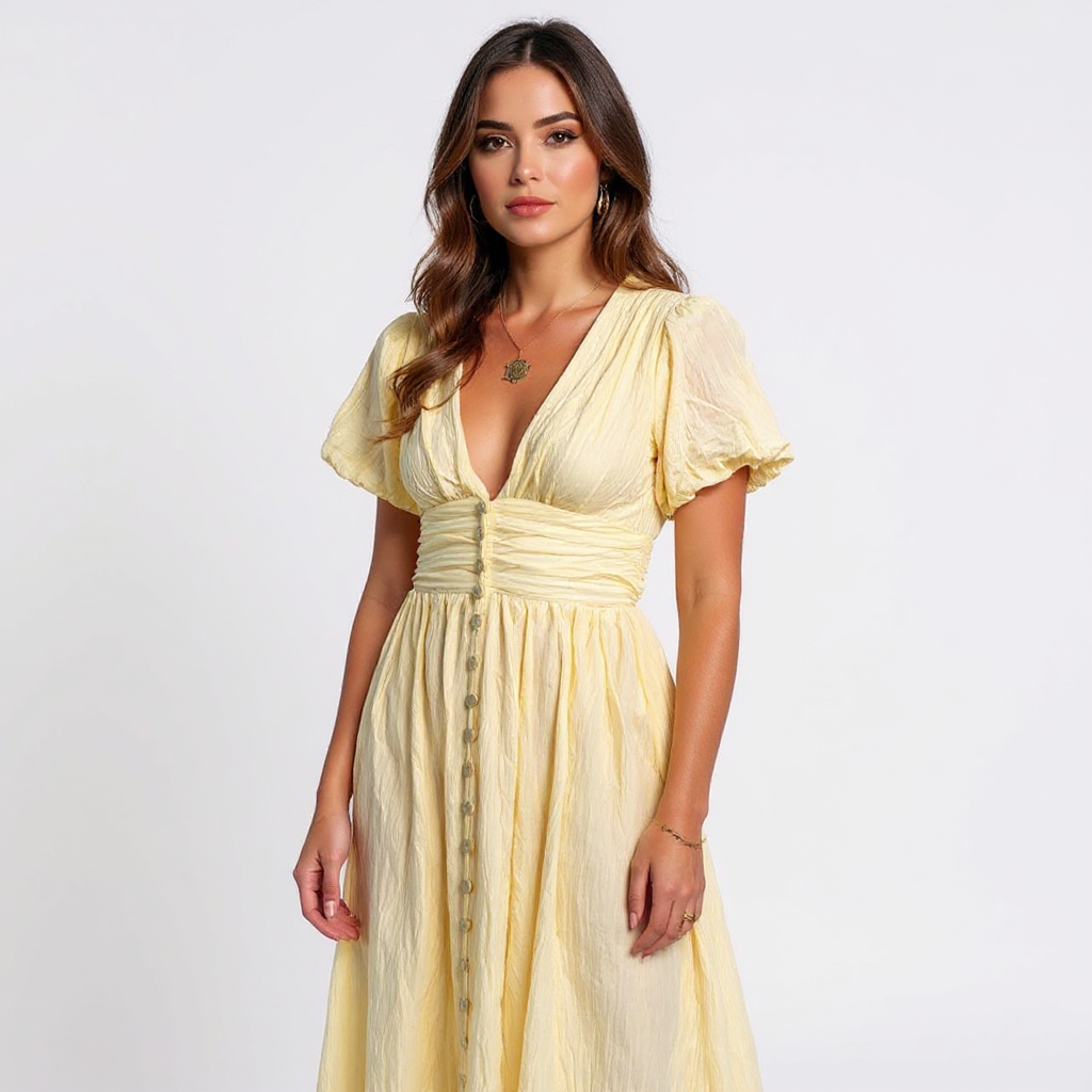 Paola Women V-Neck Puff Sleeve Button Front Maxi Sundress