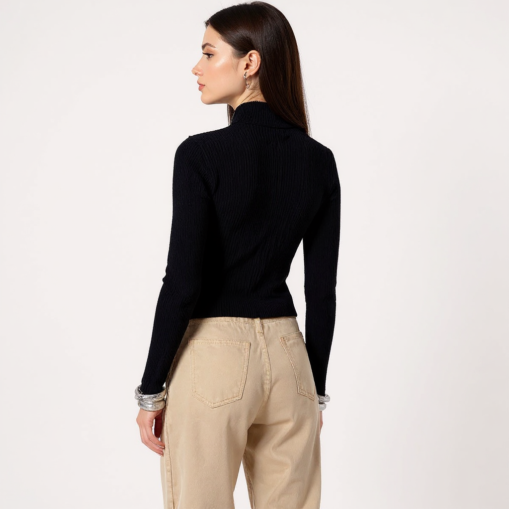 Ada Women Mock Neck Full Zip Cropped Ribbed Cardigan