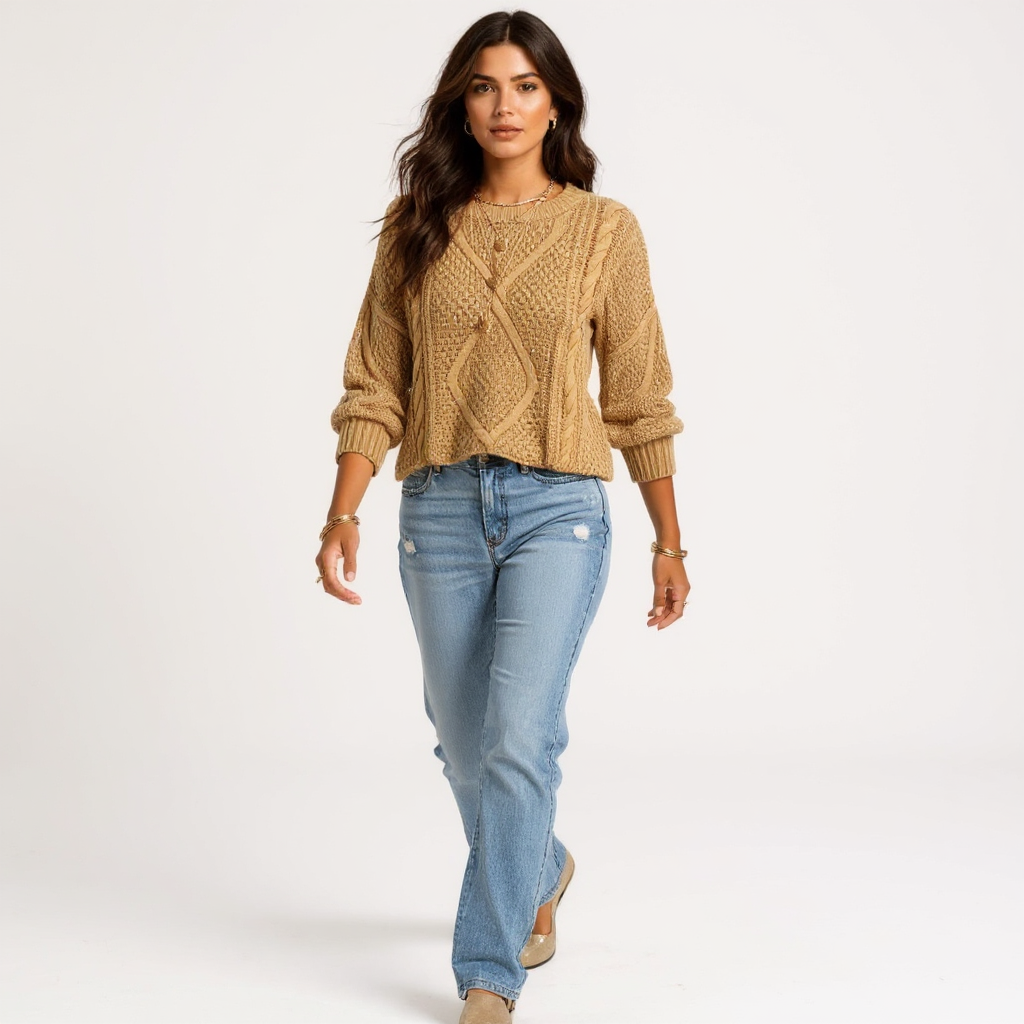 Yara Women Long Sleeve Round Neck Chunky Knit Sweater