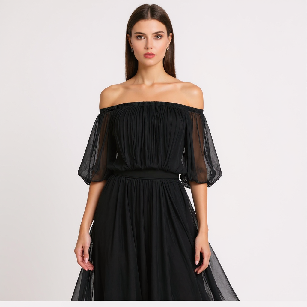 Elegant Off-Shoulder Black Pleated Dress with Flowing Silhouette