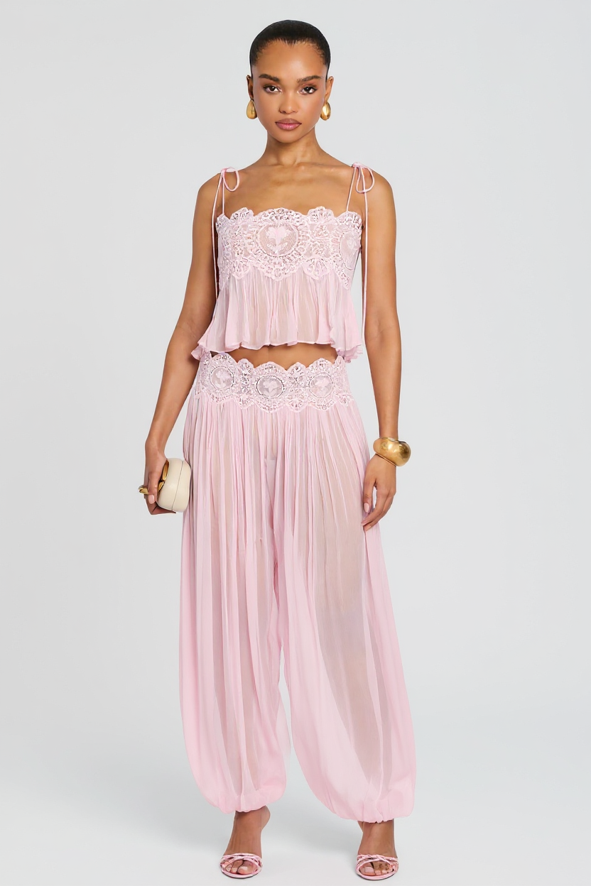 Elegant Pink Lace-Trimmed Two-Piece Set with Flowy Pants and Strappy Top