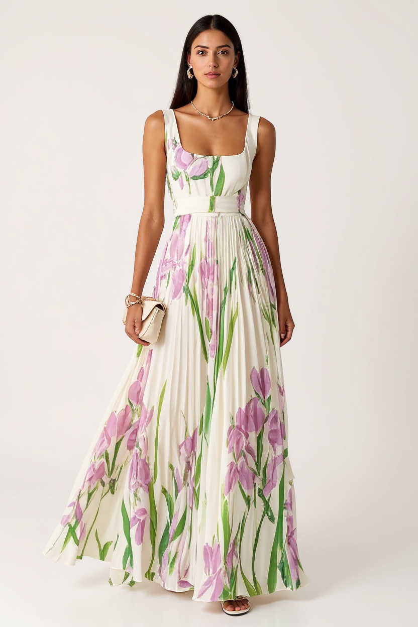 Floral Pleated Maxi Dress with Square Neckline