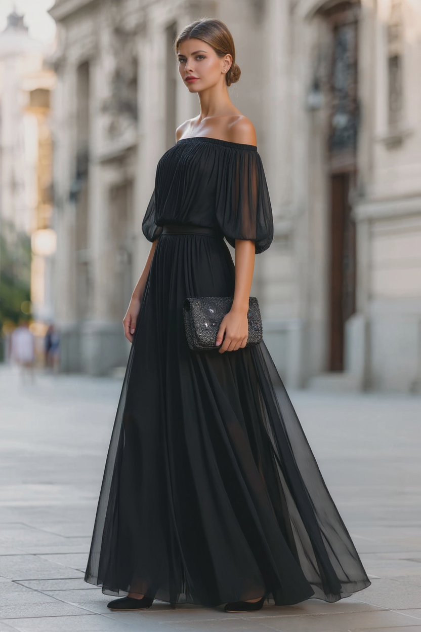 Elegant Off-Shoulder Black Pleated Dress