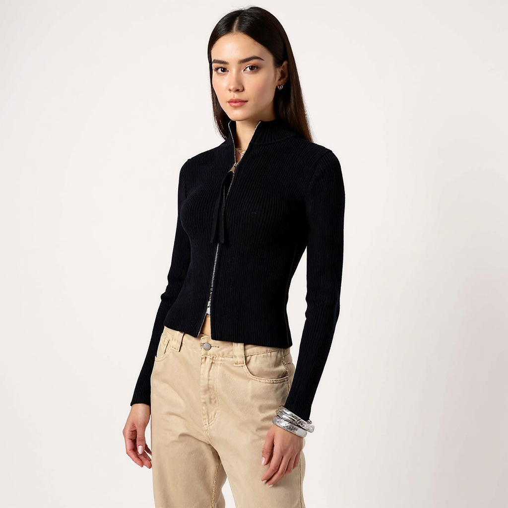 Ada Women Mock Neck Full Zip Cropped Ribbed Cardigan