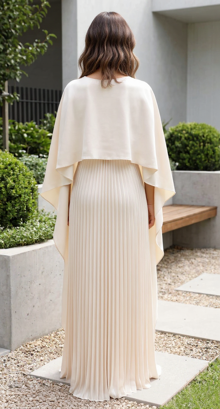 Genevieve Long Cape Sleeve Pleated Maxi Wedding Guest Dress