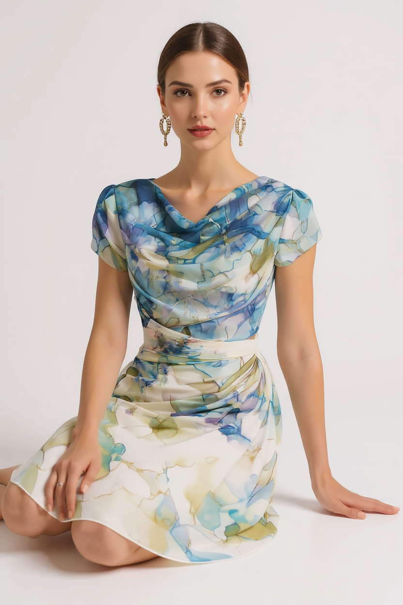 Watercolor Print Cowl Neck Midi Dress