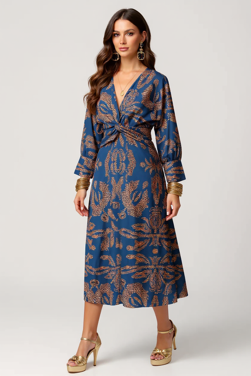 Rosalie Long Flare Sleeve V-Neck Satin Maxi Evening Dress