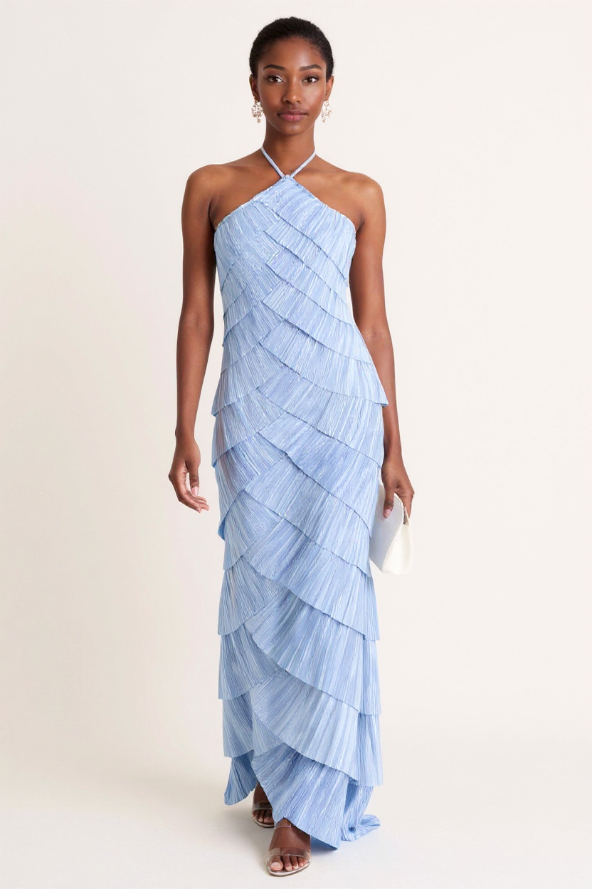 Elegant Light Blue Pleated Halter-Neck Maxi Dress