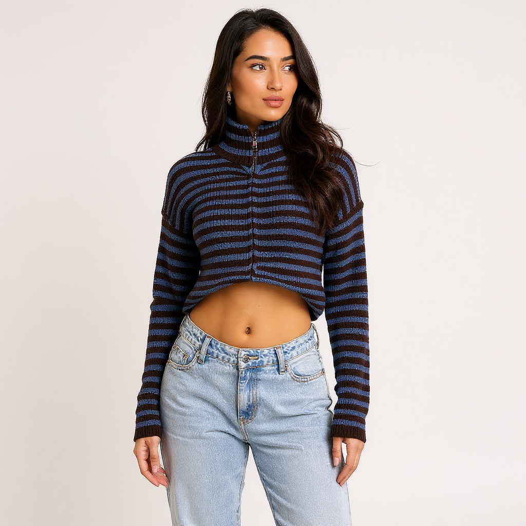 Bella Women Striped Oversized Chunky Knit Zip Cardigan