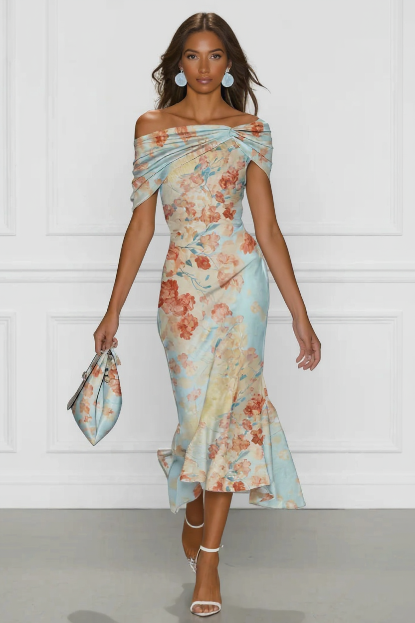 Floral Off-Shoulder Midi Dress in Pastel Shades