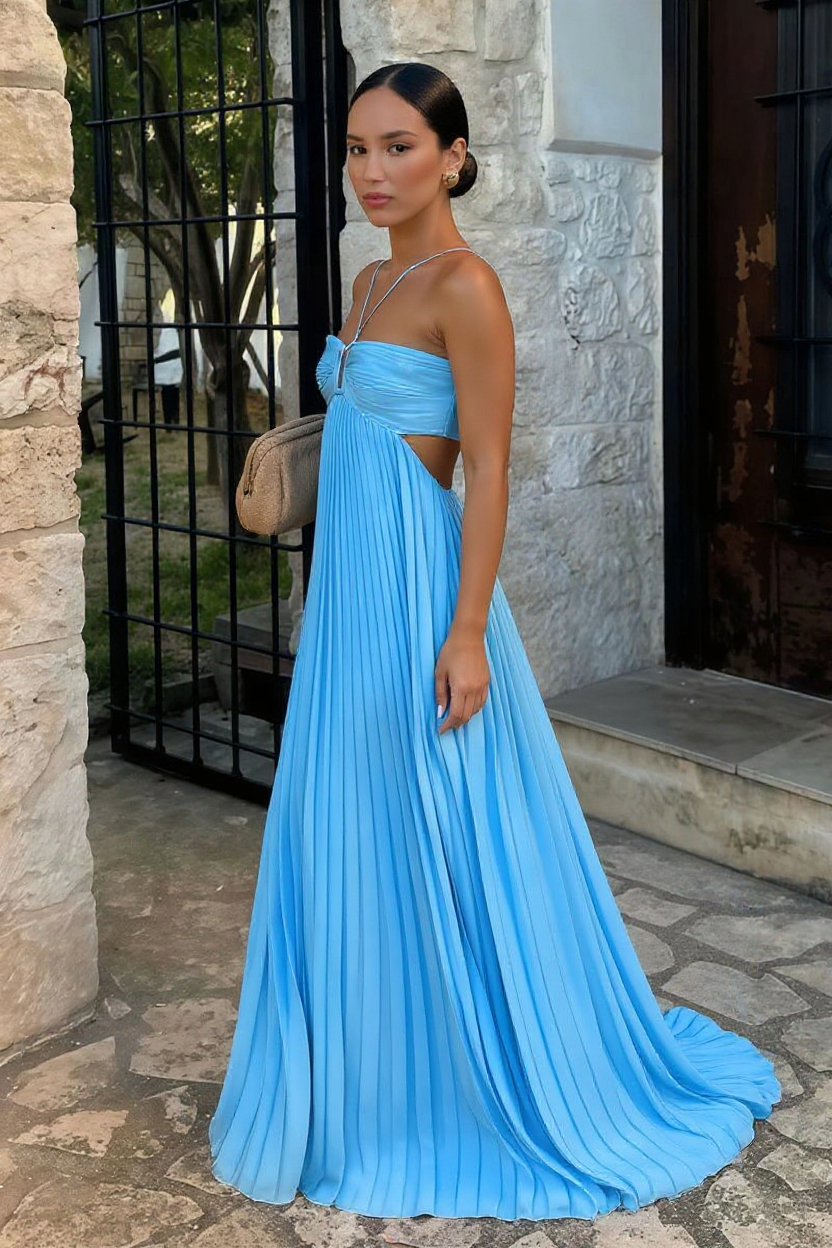 Luella Halter Pleated Satin Maxi Prom Dress with Open Back