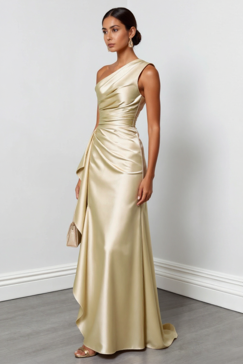 Elegant One-Shoulder Satin Ruffle Dress in Champagne