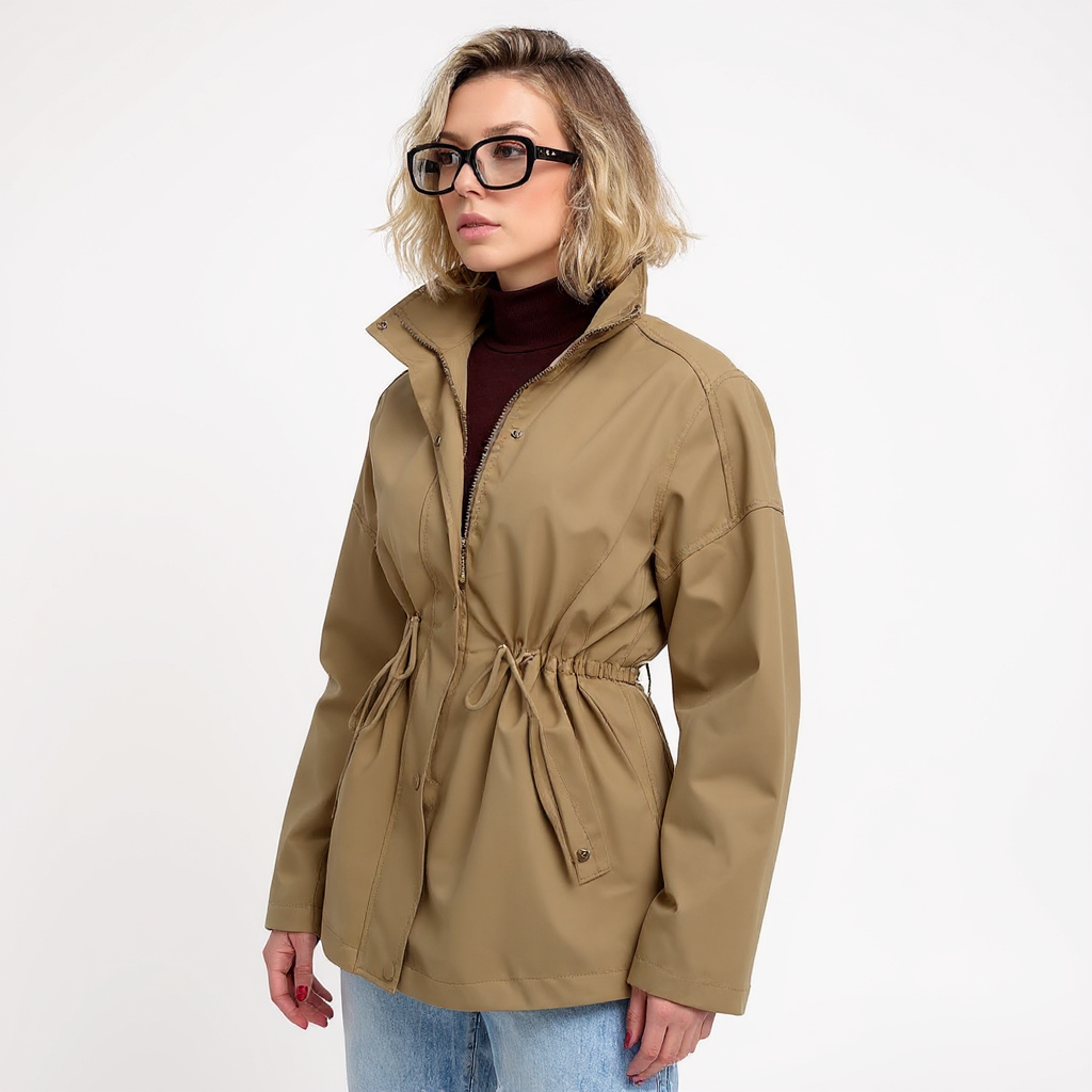 Wendy Women Drawstring Waist Stand Collar Utility Jacket
