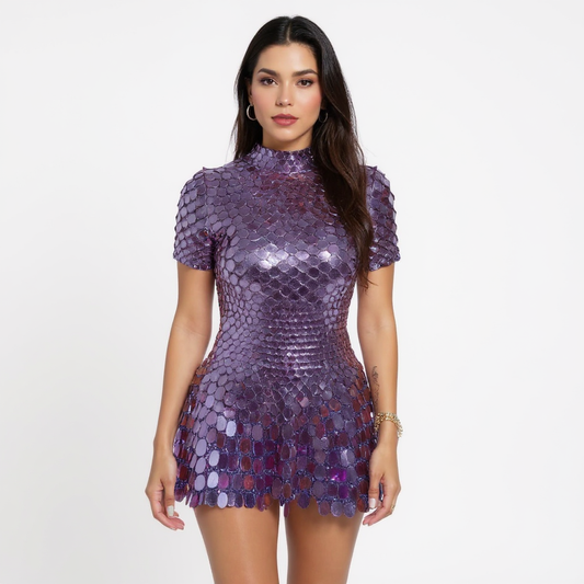 High Neck Crystal Mirror Sequin Mini Party Dress
