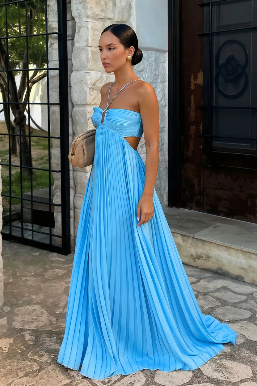 Luella Halter Pleated Satin Maxi Prom Dress with Open Back