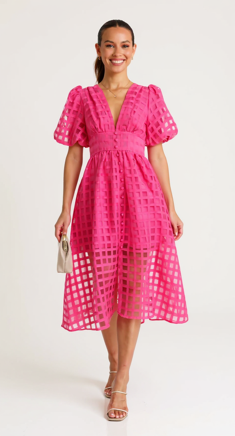 Grid Textured Puff Sleeve V-Neck Midi Wedding Guest Dress