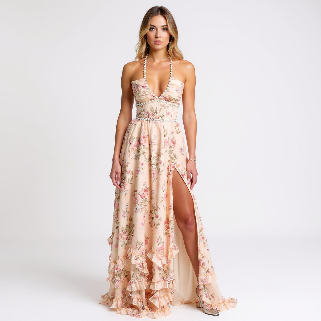 Vivienne Sheer Lace Trim Satin Backless Maxi Dress