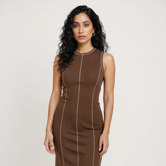 Kiara Women Sleeveless Contrast Seam Knit Maxi Bodycon Dress