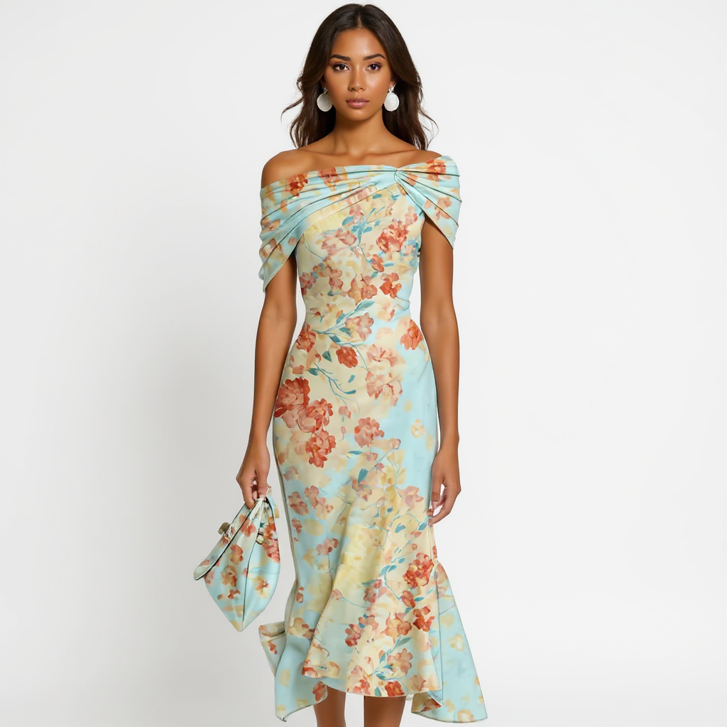Floral Off-Shoulder Pastel Midi Dress