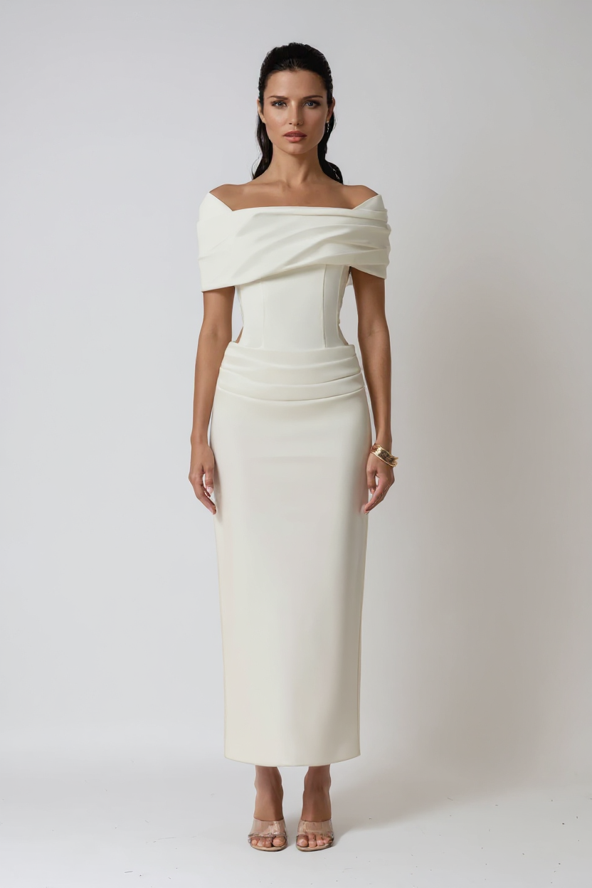 Thea Off-Shoulder Ruched Polyester Maxi Evening Dress