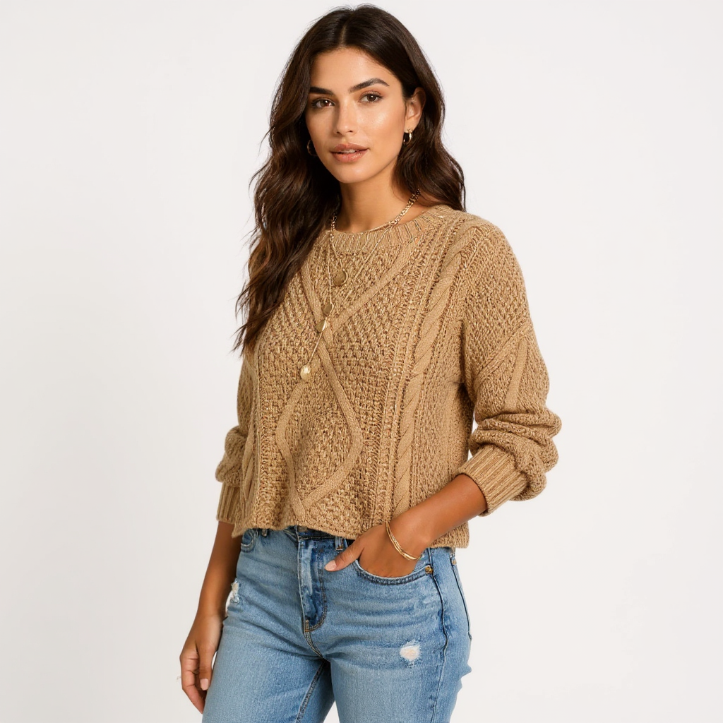 Yara Women Long Sleeve Round Neck Chunky Knit Sweater