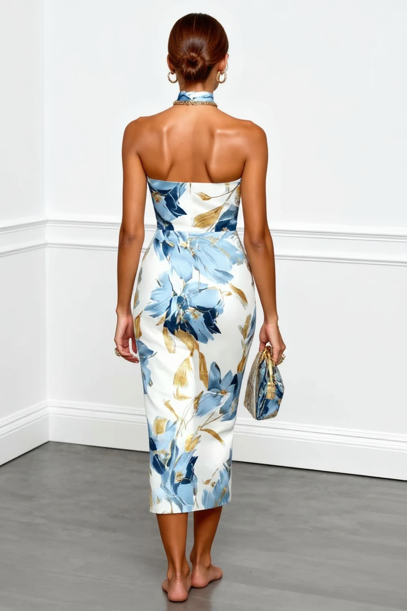 Elegant Halter Neck Floral Midi Dress in Blue and Gold Hues