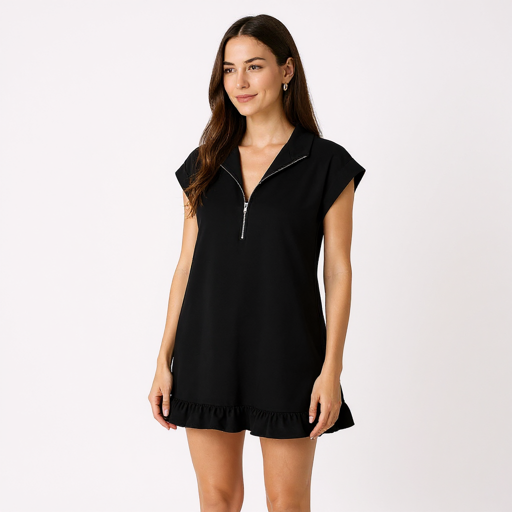 Olivia Women Sleeveless Half-Zip Stand Collar Ruffle Hem Mini Dress