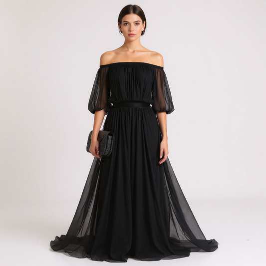 Elegant Off-Shoulder Black Pleated Dress with Flowing Silhouette