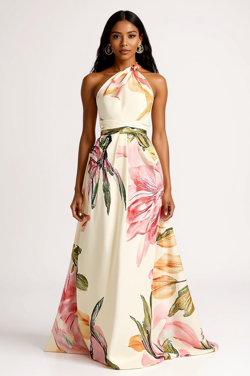 Elegant Halter Neck Floral Satin Maxi Dress
