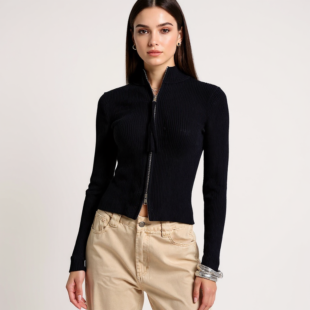 Ada Women Mock Neck Full Zip Cropped Ribbed Cardigan